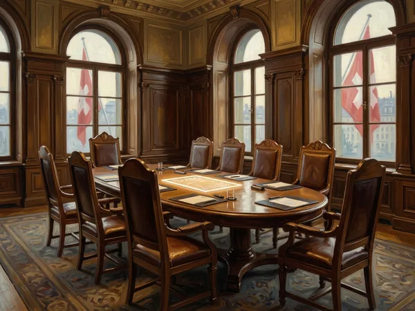 Gemälde: Schweizer Bundesratssaal mit glühendem Dokument auf dem Ratstisch — Symbolbild zur Ratifizierung der CoE KI-Konvention