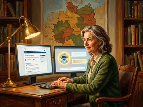 Gemälde: Lehrperson vor zwei digitalen Screens — staatliches Portal und KI-Chatbot — Symbolbild zu den Baden-Württemberg KI-Landesapplikationen