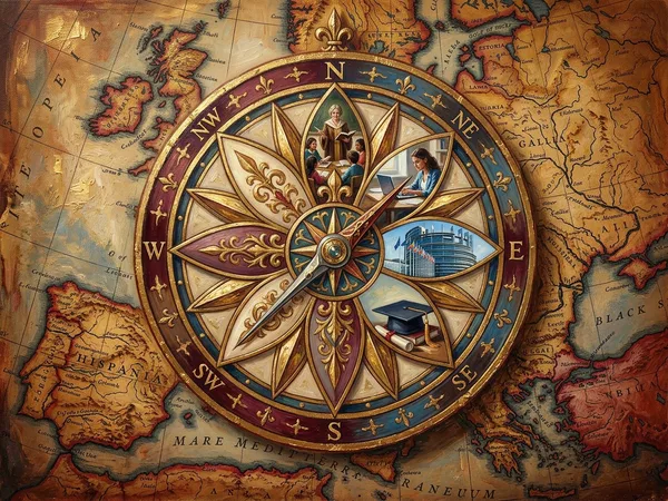 Gemälde: Kompassrose auf alter Europakarte mit Bildungssymbolen — Symbolbild zum «Compass for AI and Education» des Europarats