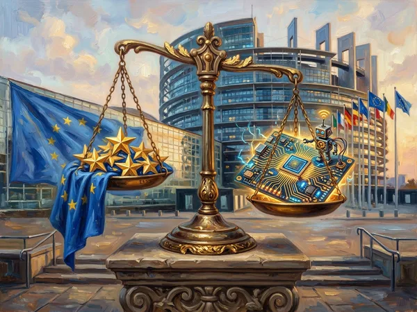 Gemälde: Justitia-Waage mit EU-Sternenflagge und Schaltkreis — Symbolbild zur EU AI Act Überarbeitung