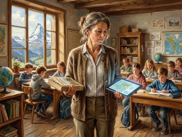 Gemälde: Schweizer Lehrperson hält Papierleitfaden und Tablet abwägend — Symbolbild zum LCH-Positionspapier KI in der Schule