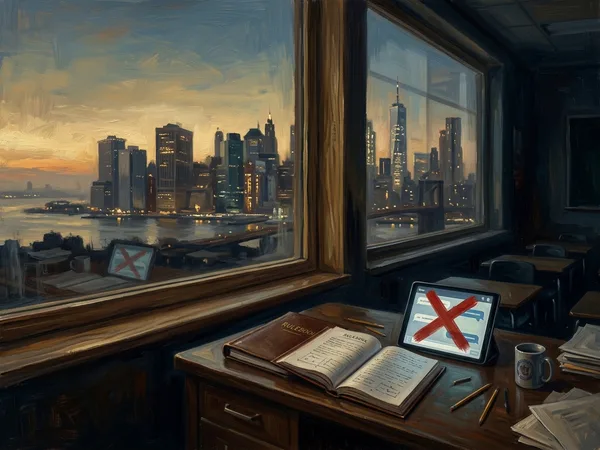Gemälde: New Yorker Skyline durch ein Klassenzimmerfenster, auf dem Lehrerpult ein Regelwerk mit Verbotssymbol — Symbolbild zum NYC KI-Playbook
