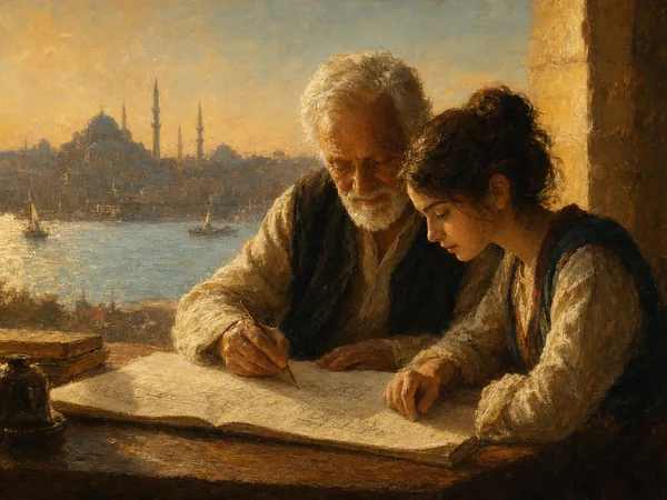 Gemälde im Stil eines warmen Öl-Porträts: ein älterer und ein jüngerer Mensch konzentrieren sich gemeinsam über ein aufgeschlagenes Buch, im Hintergrund die Silhouette der Istanbuler Skyline am Bosporus im goldenen Abendlicht — Symbolbild für den OECD Skills Summit 2026 «Unlocking Talent Across Generations».