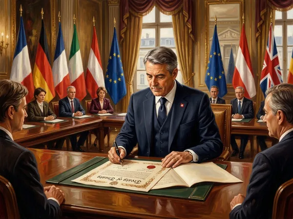 Gemälde: Formelle Vertragsunterzeichnung an Konferenztisch mit Europarat-Flaggen — Symbolbild zur Unterzeichnung der CoE KI-Konvention durch die Schweiz