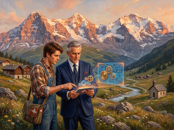 Gemälde: Lehrling und Mentor im Schweizer Bergpanorama mit digitalem Tablet — Symbolbild zum Bundesratsbericht Berufsbildungsattraktivität