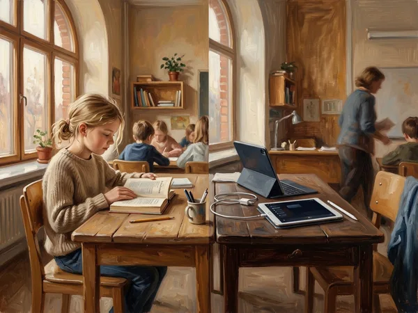 Gemälde: Schwedischer Schulraum — eine Seite mit Buch und analogem Lernen, die andere mit beiseitegeschobenen Tablets — Symbolbild zur Schwedens Rückkehr zum gedruckten Buch