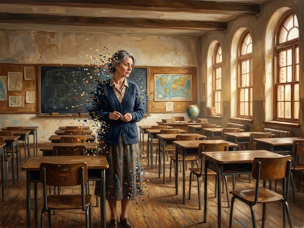 Gemälde: Lehrperson löst sich in digitale Pixel auf, leere Schulbänke im Sonnenlicht — Symbolbild zum Artikel «Das Verschwinden der Lehrer»