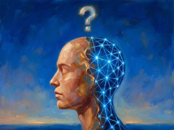 Gemälde: Geteilter Kopf — halb menschlich, halb neuronales Netz mit Fragezeichen — Symbolbild zum UNESCO Courier «Do we still need to think?»